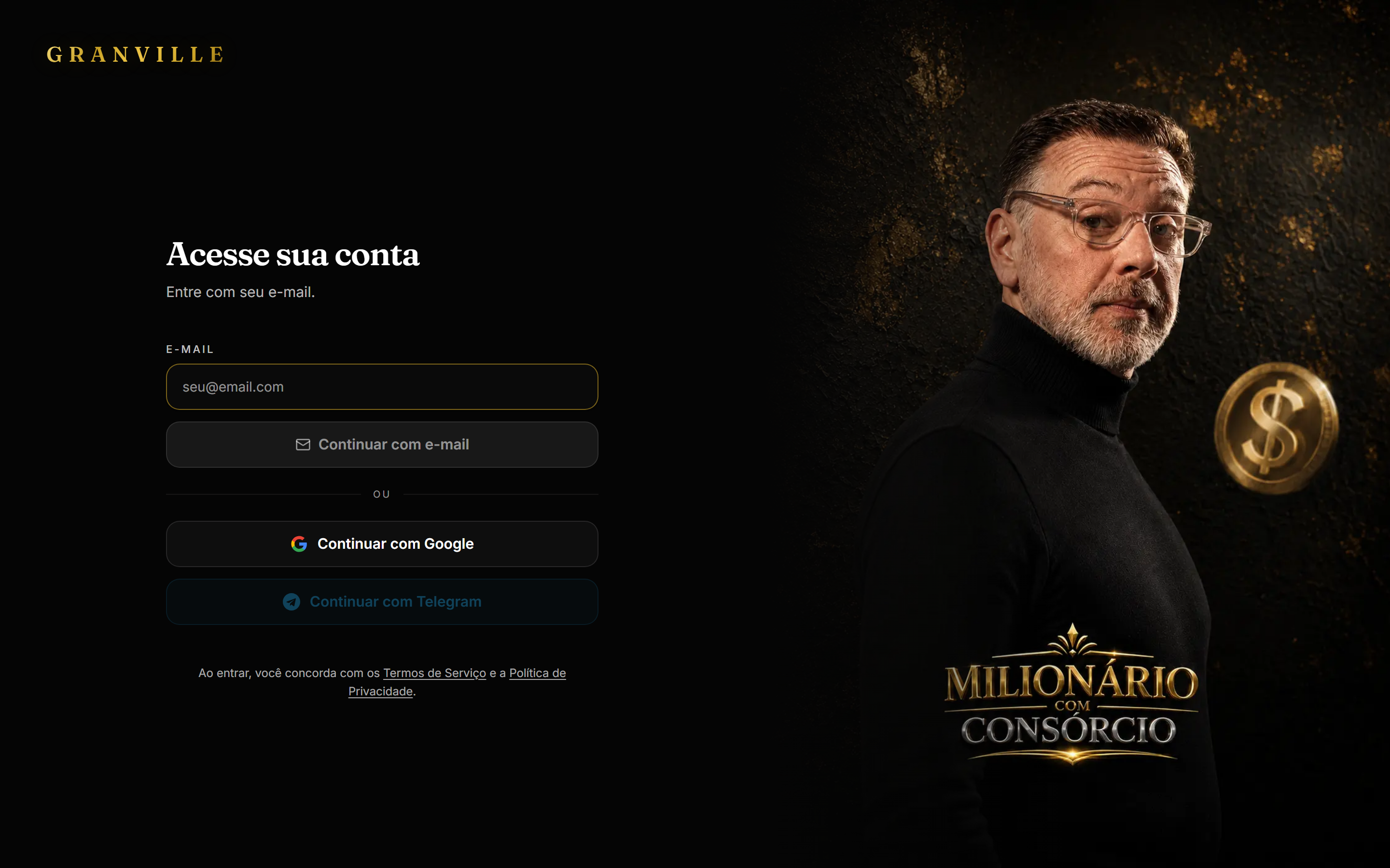 Login original Granville com campo de e-mail vazio e imagem do professor.