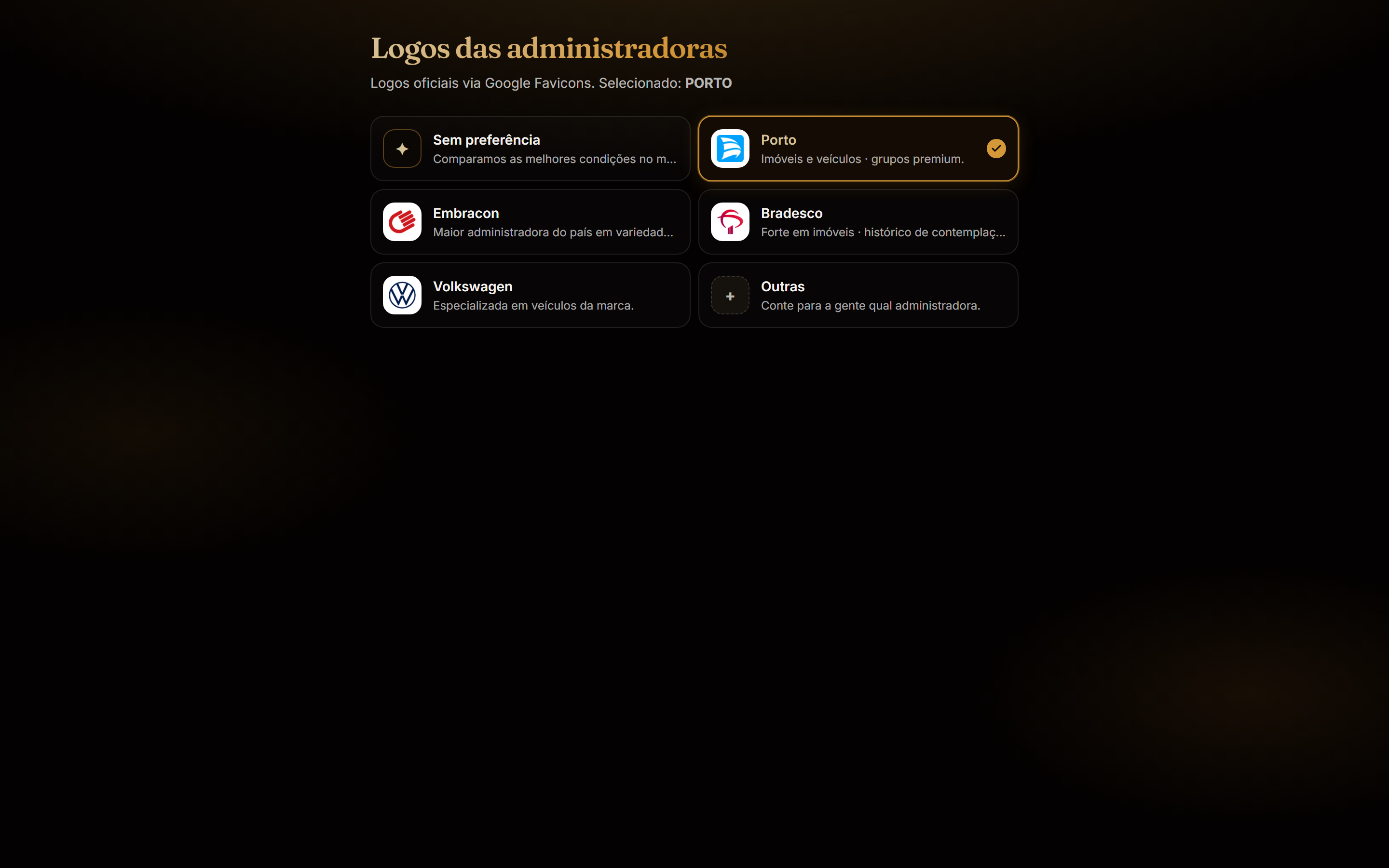 Preview original de administradoras após a seleção de Porto, destacada com borda e marca de seleção.