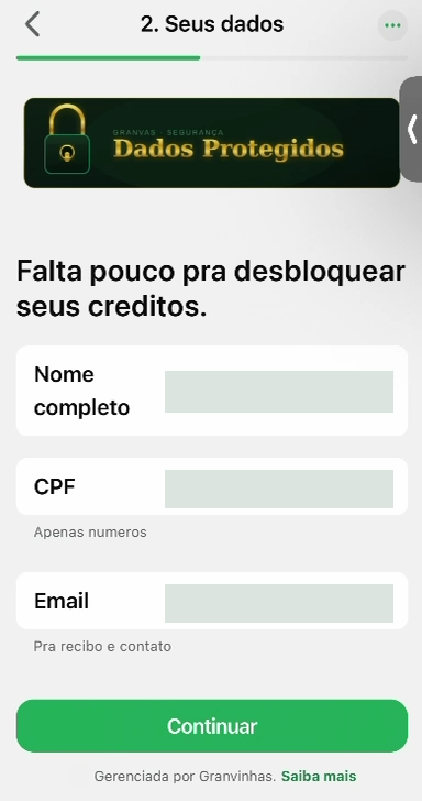 Nome, CPF e e-mail preenchidos; valores pessoais ocultados antes da publicação.