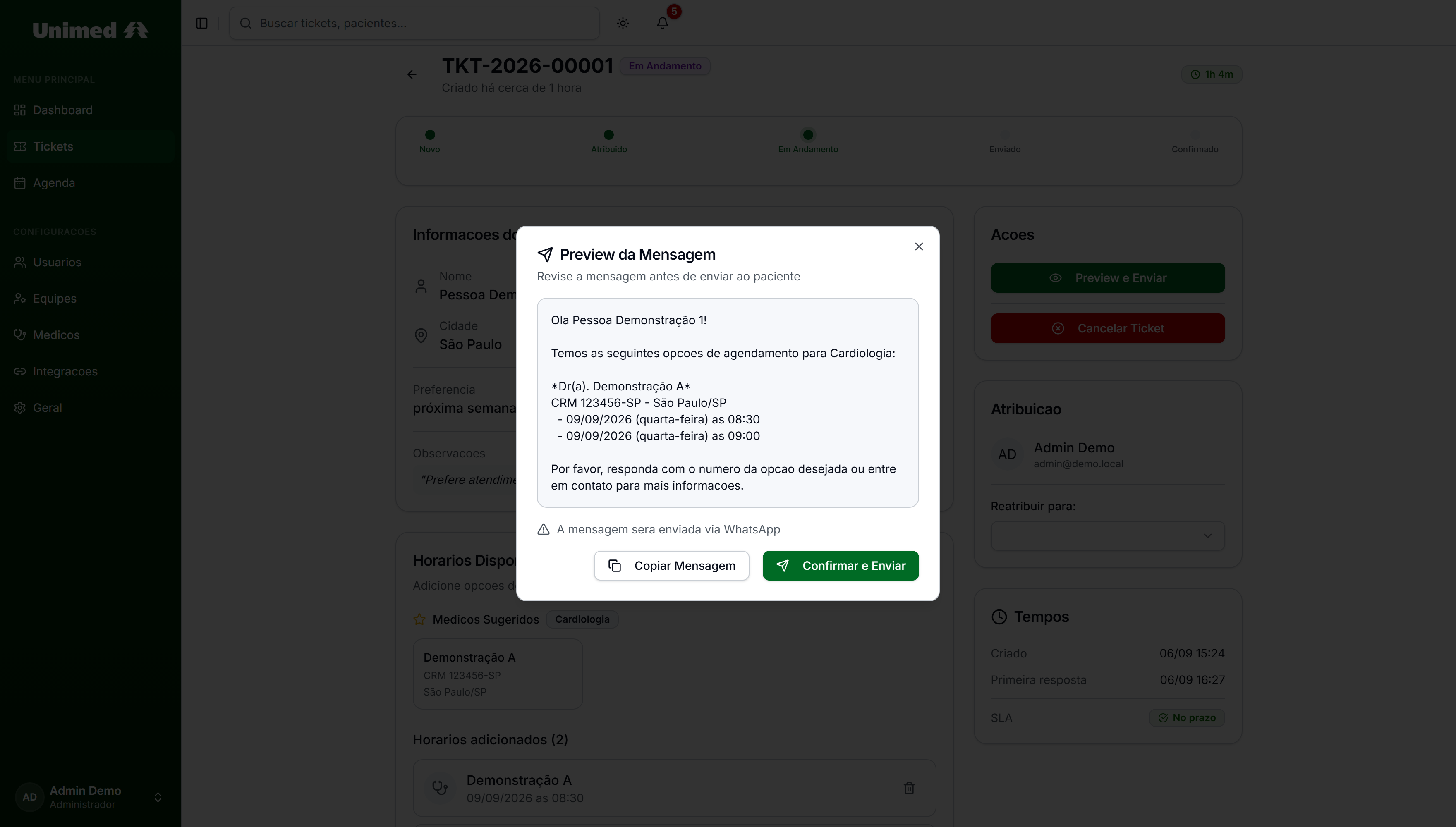 Diálogo de vista previa del mensaje al paciente