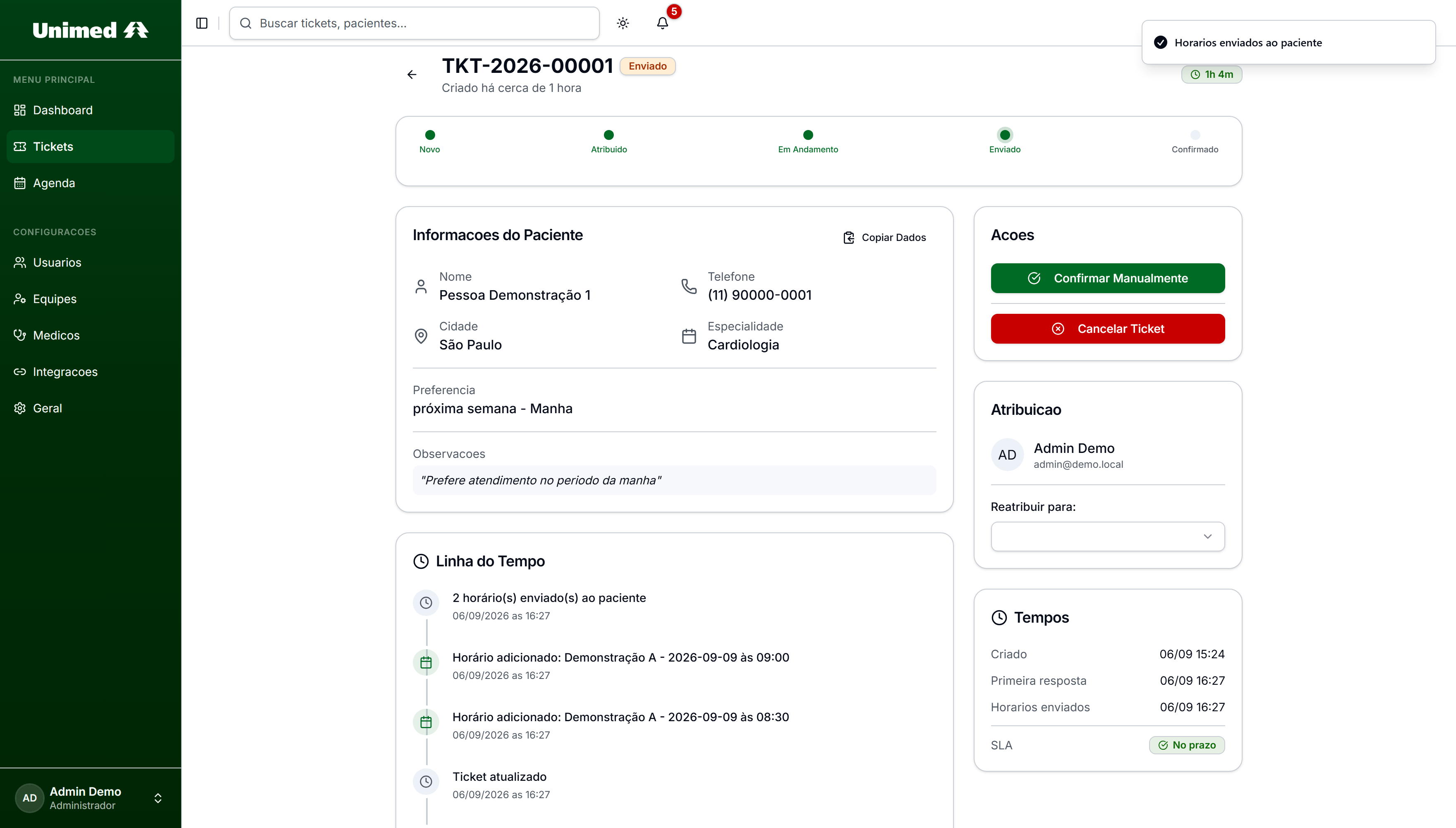 Ticket en Enviado, con el botón Confirmar Manualmente